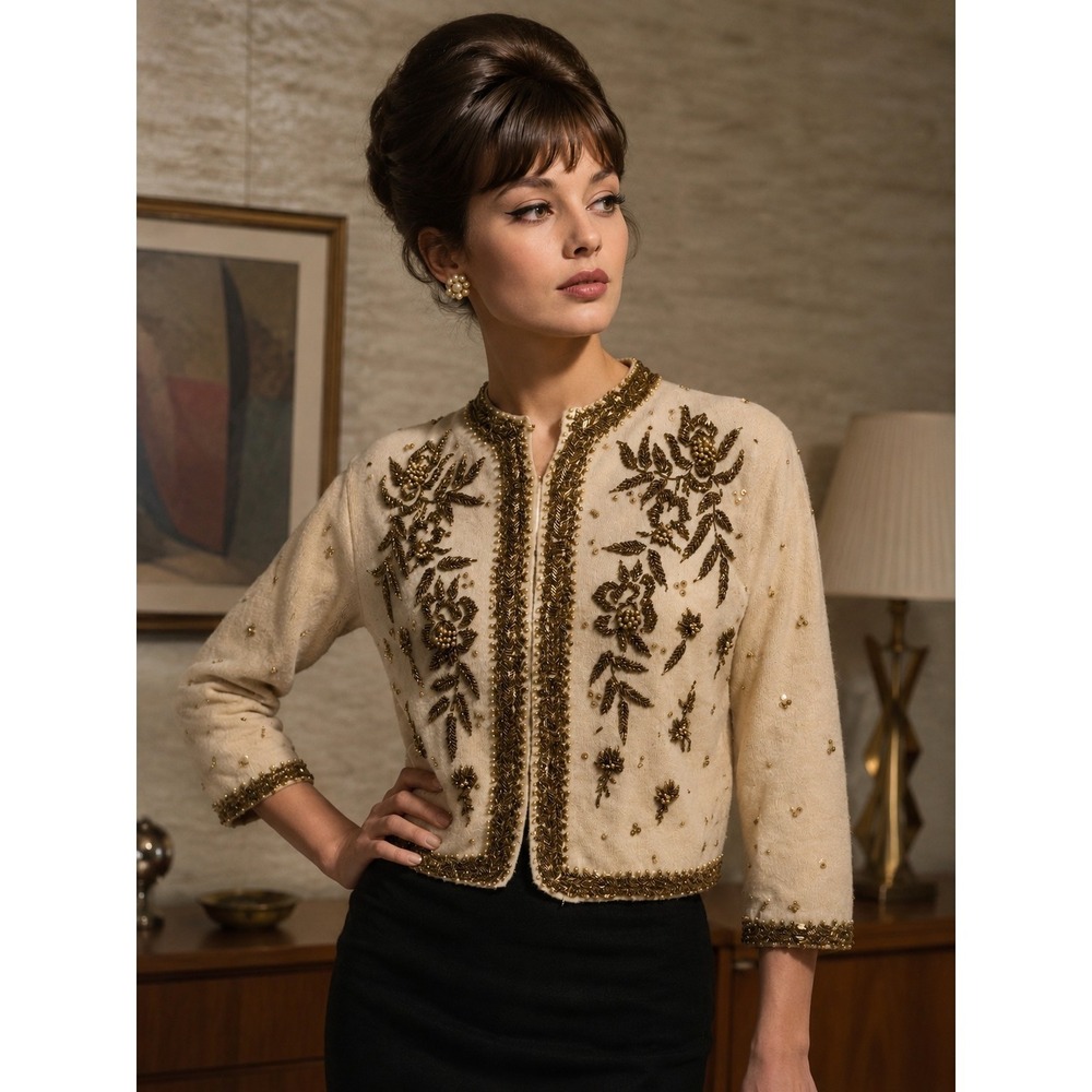 Vintage 1950s‎ Hand Beaded Cardigan Sweater Wool Angora Embroidered Size 40